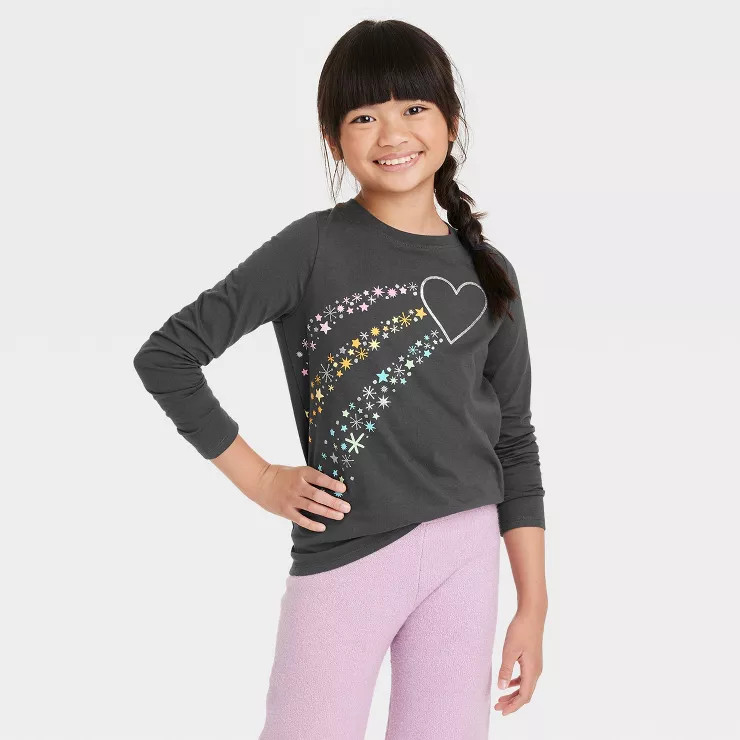 Girls' Long Sleeve 'Heart' Graphic T-Shirt - Cat & Jack™ Charcoal Gray | Target