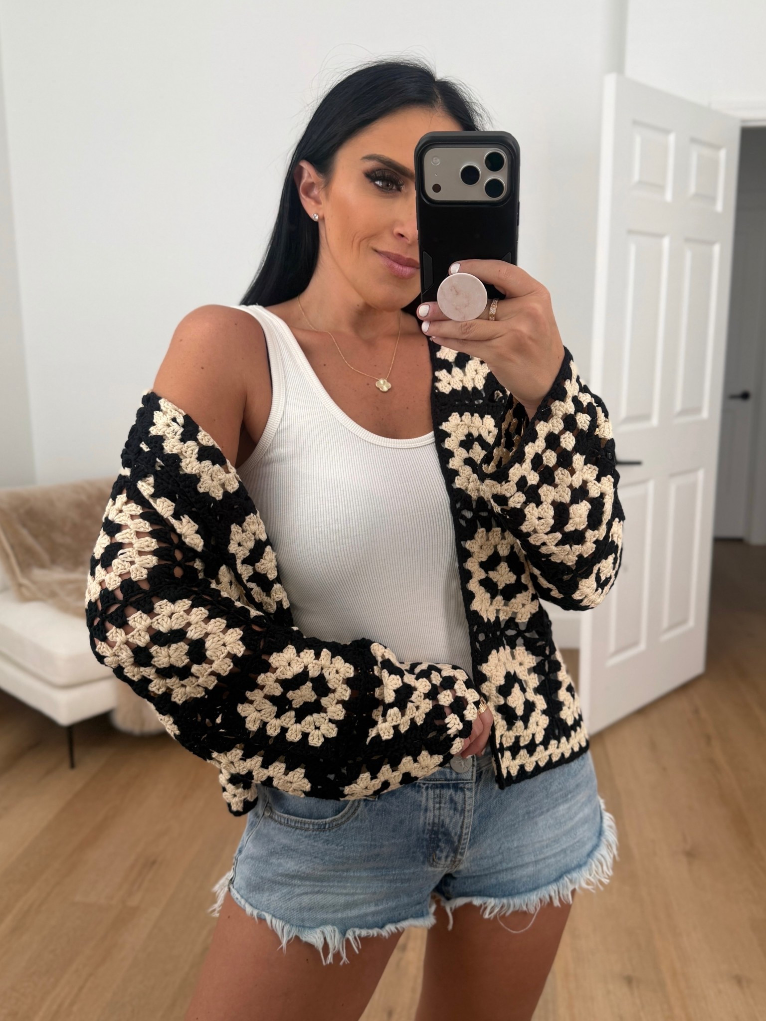 Remmi Crochet Cardigan wearing size medium. 
