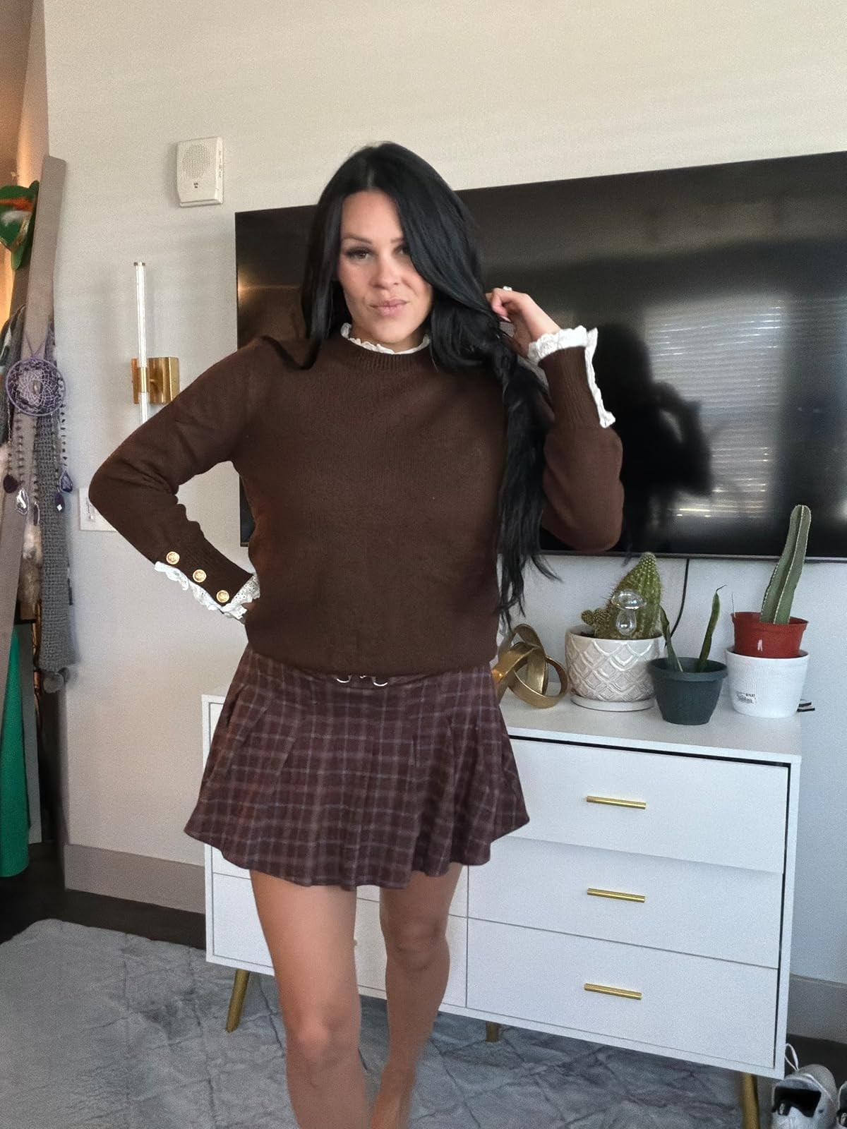 Brown knit with lace detail & plaid skirt.️ Shop here! #falloutfit #preppylook #ltkunder100 

 #LTKdayinmylife #LTKootd #LTKSaleAlert