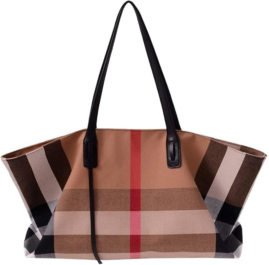 Designer Inspired Plaid Tote Bag for Women, Canvas Work Tote Bag with Zipper, Large Travel Tote P... | Amazon (US)