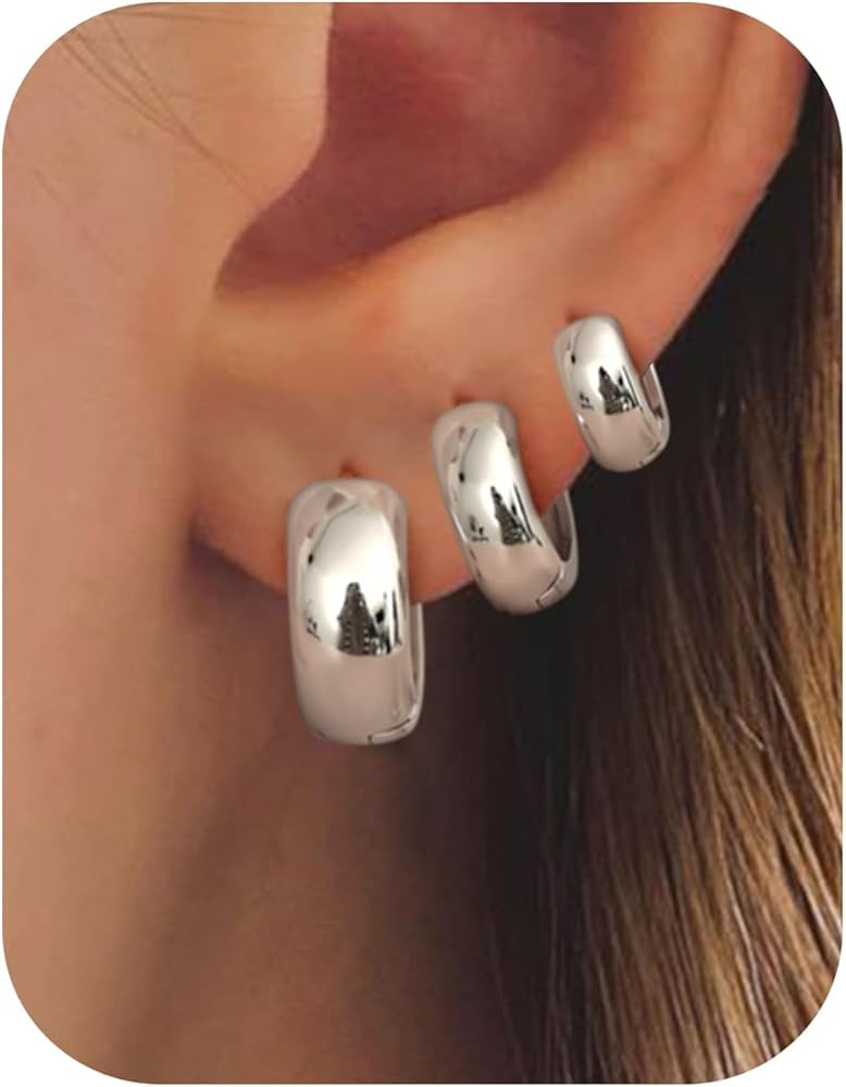 Small Chunky 14K Gold Plated Hoop Earrings for Women - Hypoallergenic Earrings for Sensitive Ears... | Amazon (US)