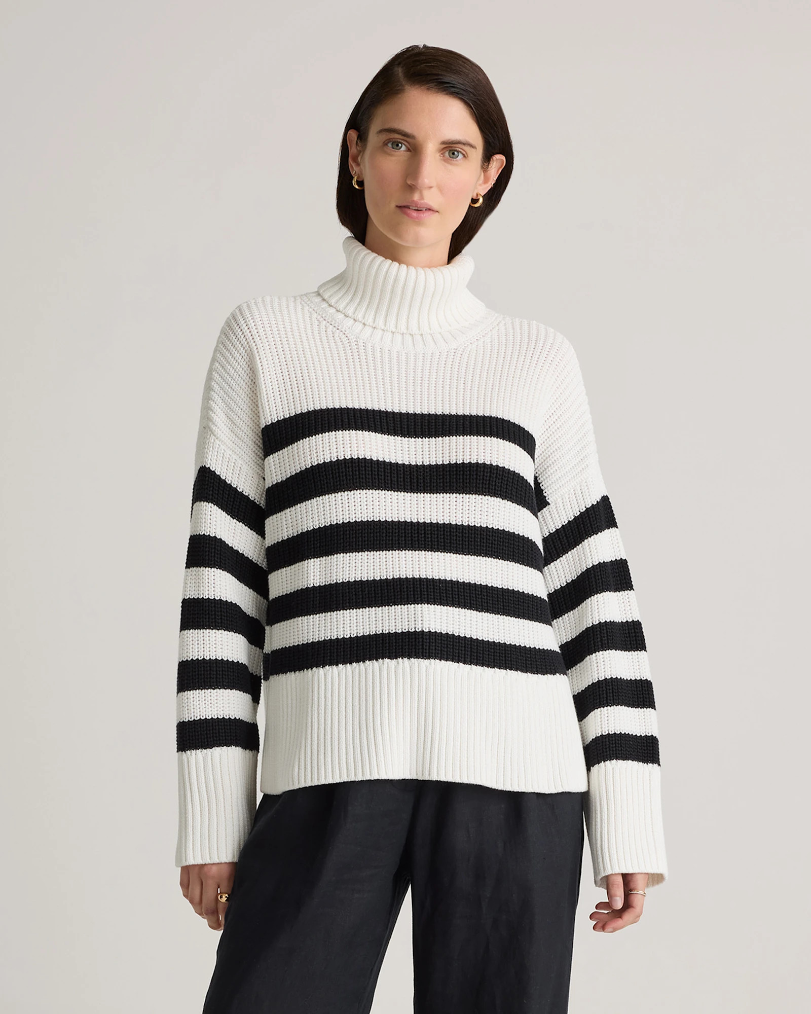 100% Organic Cotton Split Hem Turtleneck	Sweater in Ivory/Black Stripe | Quince