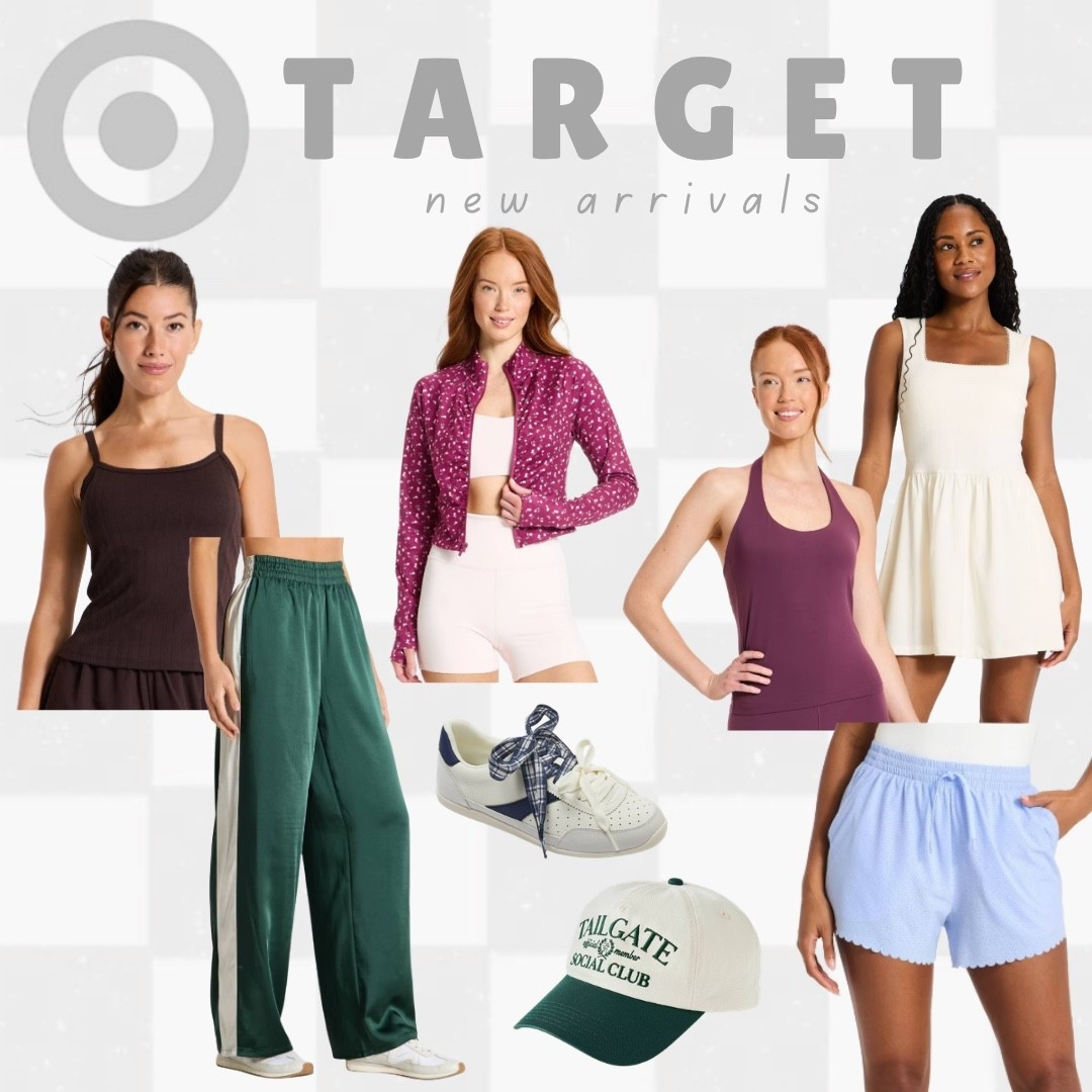 @Target new arrivals just dropped and they’re so good for game day season 🏈 A brown ribbed tank, green track pants with side stripe, a pink floral zip jacket and bike shorts set, a plum athletic tank, an ivory tennis dress, navy and white sneakers, a “Tailgate Social Club” cap, and light blue scalloped-hem shorts.

Linking everything below, true to size on all!