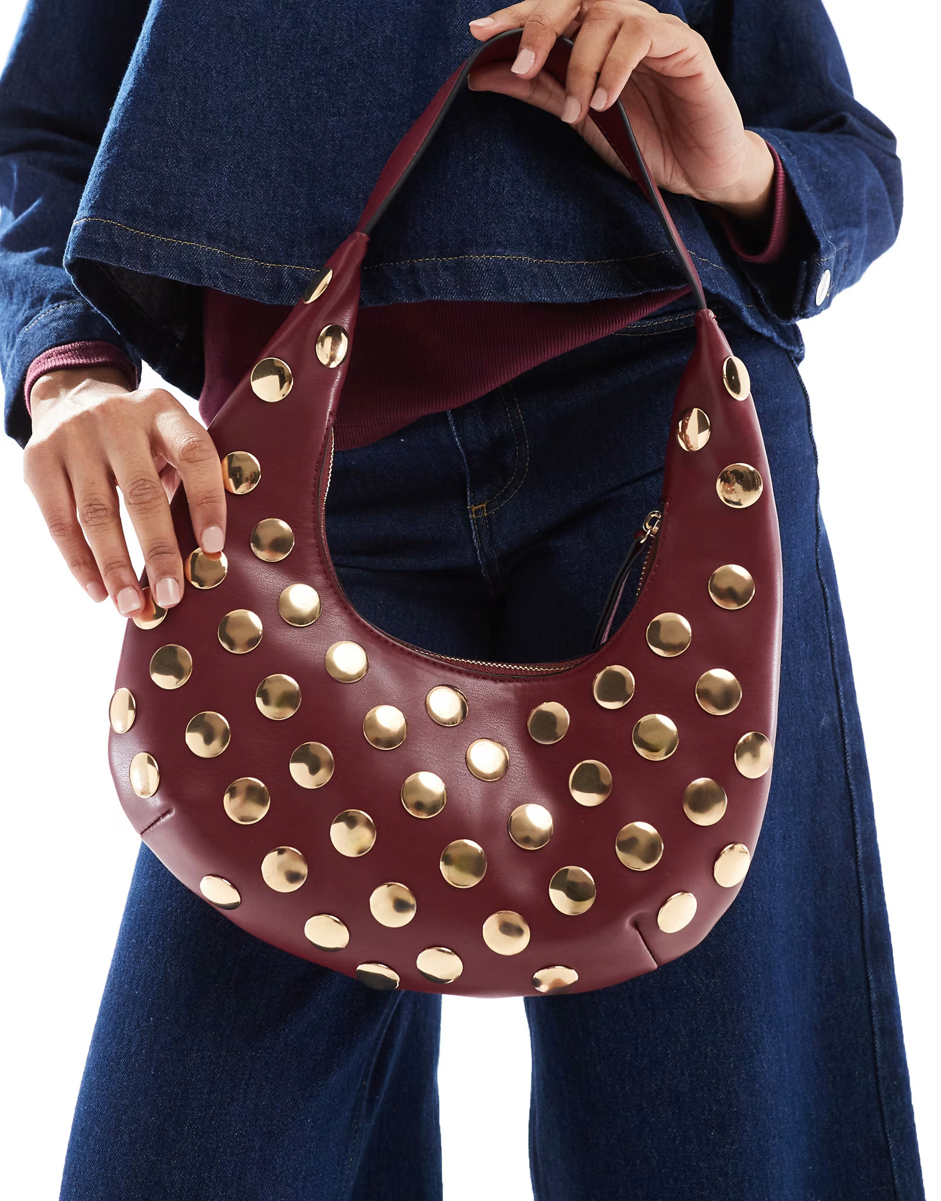 ASOS DESIGN half moon studded shoulder bag in burgundy | ASOS | ASOS (Global)