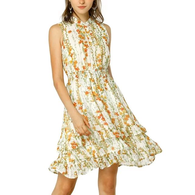 Allegra K Women's Floral A-Line Smocked Waist Tiered Ruffled Chiffon Mini Dress | Walmart (US)