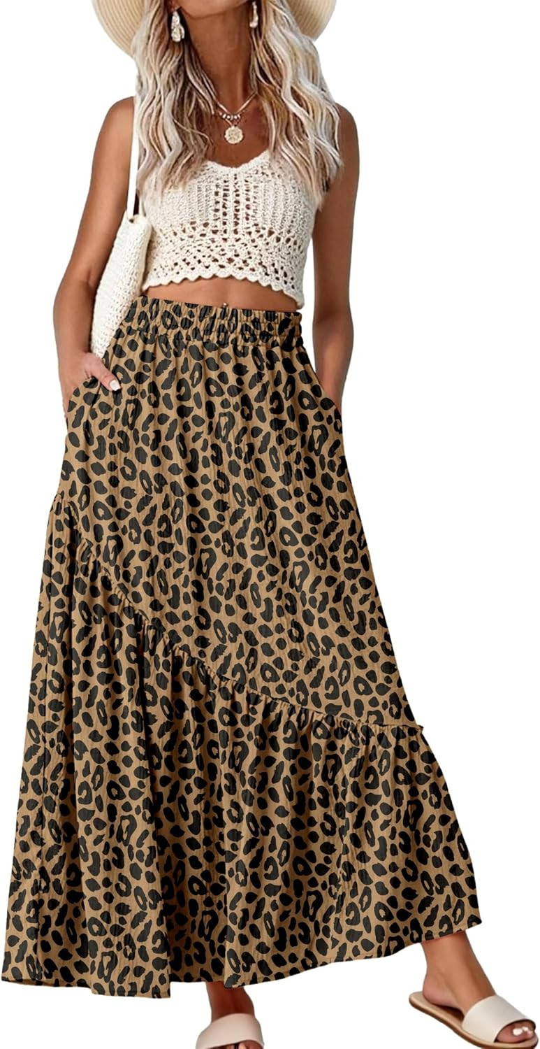 GRECERELLE Women's Maxi Skirt High Waist Tiered A-Line with Pockets | Amazon (US)