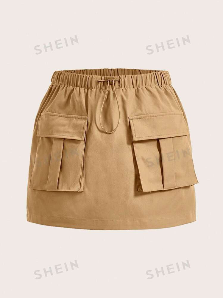 SHEIN EZwear Solid Color Flap Pocket Drawstring Waist Cargo Skirt | SHEIN