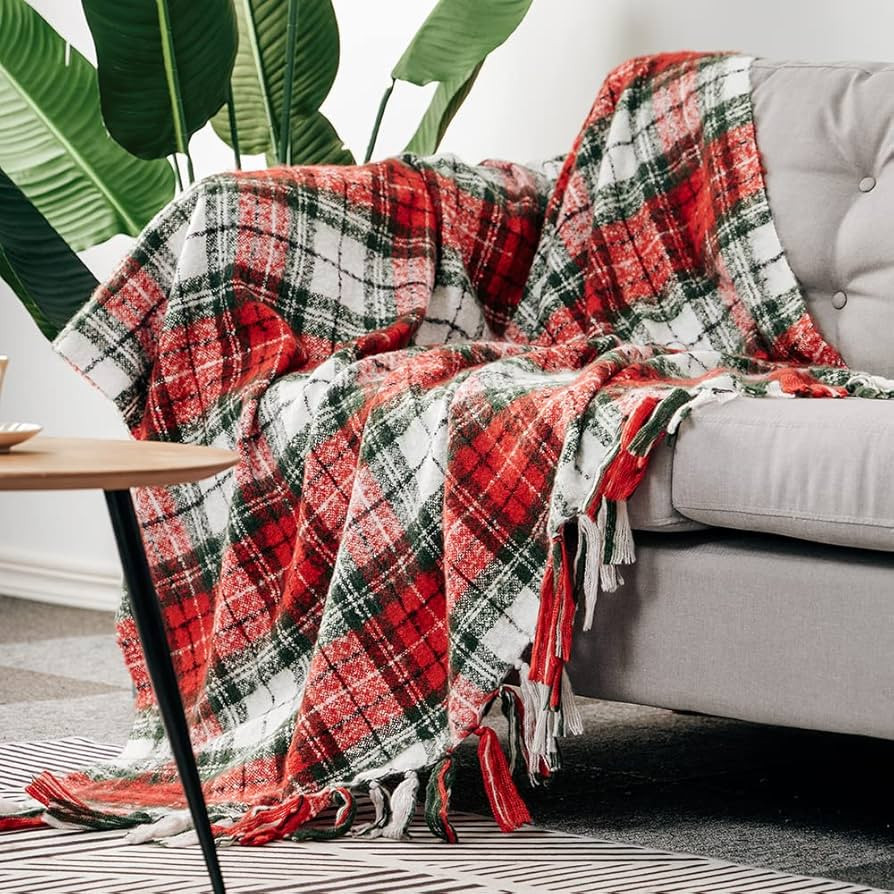 G Lake Christmas Plaid Throw Blanket Green Red Super Soft Faux Cashmere Blankets with Tassels for... | Amazon (US)
