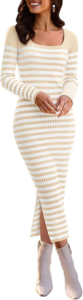 MEROKEETY Women's Fall Long Sleeve Striped Sweater Dress Bodycon Square Neck Ribbed Knit Slit Mid... | Amazon (US)