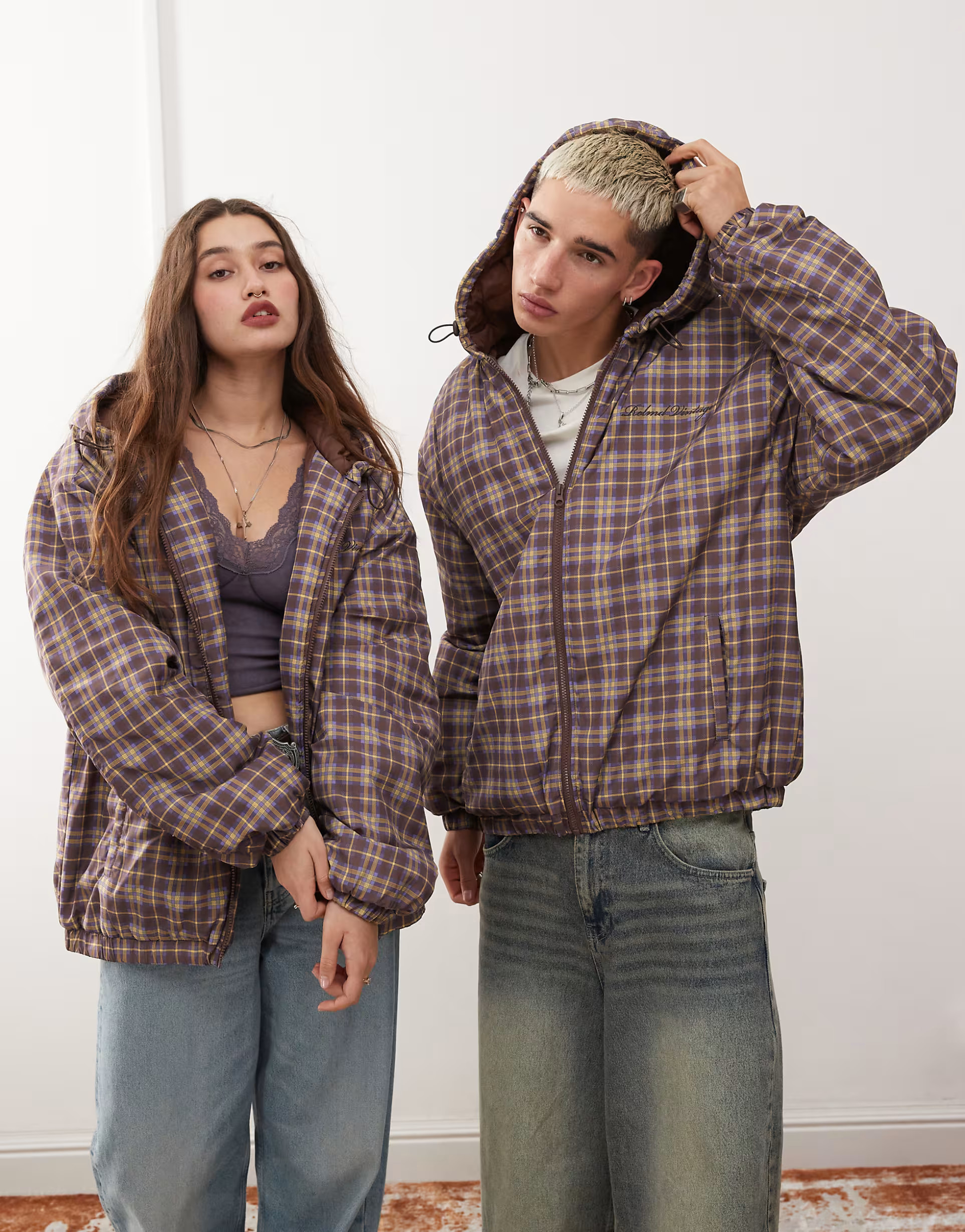 Reclaimed Vintage unisex puffer jacket with drawstrings in check | ASOS | ASOS (Global)
