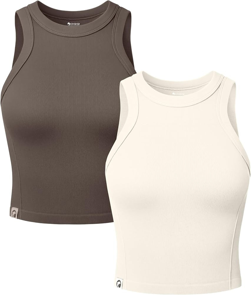 OQQ Womens 2 Pack Crop Tank Tops Crew Neck Sleeveless Ribbed Stretch Workout Athleisure Tops Tea ... | Amazon (US)