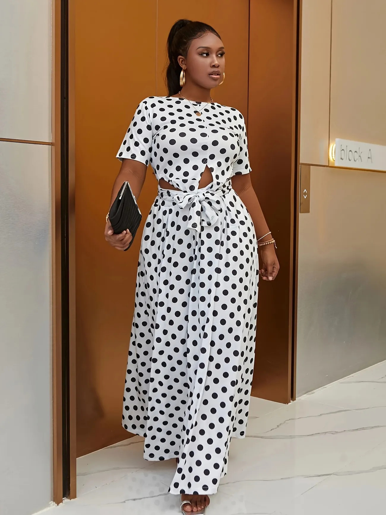 Plus Size Casual Outfits Two Piece Set, Women's Plus Polka Dot Print Short Sleeve Round Neck Knot... | Temu Affiliate Program
