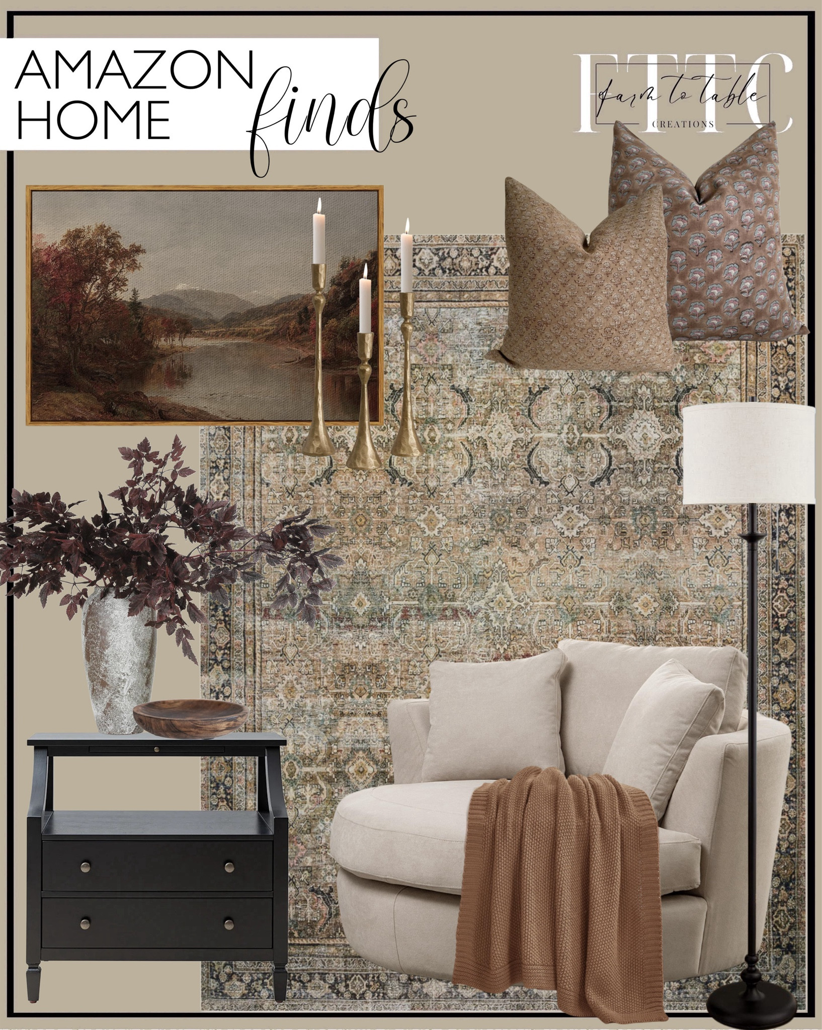 Amazon Home Finds. Follow @farmtotablecreations on Instagram for more inspiration.

Hulala Home Nightstand. Artificial Cimicifuga Plant Leaf Spray. Medium Round Rattan Decorative Basket Dark Brown. ARPEOTCY Vintage Framed Canvas Wall Art. Loloi II Layla Olive/Charcoal Rug. 54" W Oversized Swivel Barrel Chair Armchair. Luvkczc Modern Floor Lamp. Caramel Brown Throw Blanket for Couch. Vintage Cast Iron Taper Candle Holder. Canyon Theory Hand Block Print Pure Linen. Canyon Theory Hand Block Print Organic Linen 14x20 Inch Lumbar. Bloomingville 5.25 Inches Round Hand-Carved Mango Wood Dish, Burnt Finish Plate, Brown

Amazon Home | Skinny Bench | Bedroom | Living Room | Breakfast Nook | Amazon Home | Target Sale | Loloi Rugs | Magnolia Home | console table | console table styling | faux stems | entryway space | home decor finds | neutral decor | entryway decor | cozy home | affordable decor |  home decor | home inspiration | spring stems | spring console | spring vignette | spring decor | spring decorations | console styling | entryway rug | cozy moody home | moody decor | neutral home




#LTKSaleAlert #LTKFindsUnder50 #LTKHome