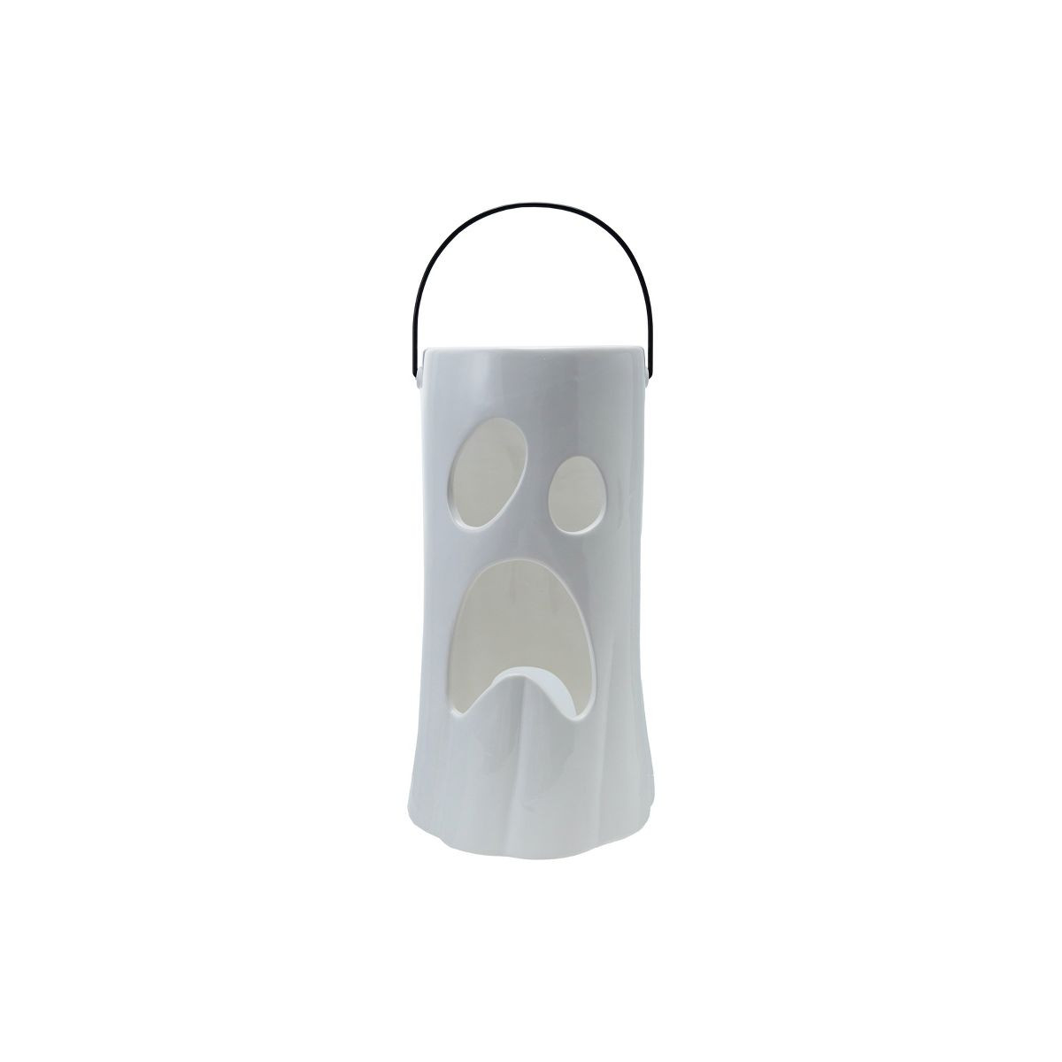 Storied Home Large Ceramic Lantern with Cut-Out Ghost Face and Metal Handle, White | Target