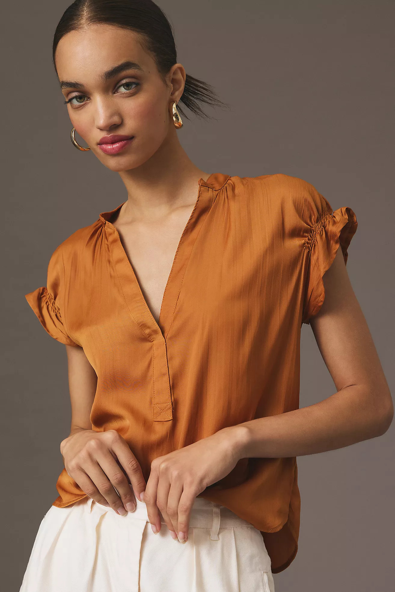 Tatum Flutter-Sleeve Henley Blouse by Pilcro | Anthropologie (US)