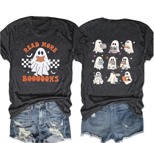Halloween Ghost Reading Books Shirt for Women Cute Spooky Season Shirt Teacher Read More Books Party Bookish Tees Tops-Dark Grey M | Amazon (US)