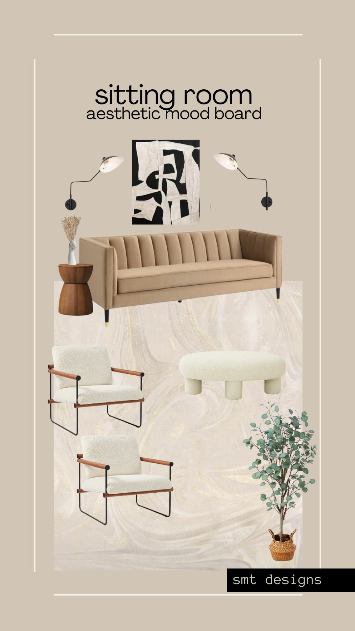 An aesthetic brown and cream neutral sitting room design board. 

Black swivel arm sconce, velvet camel channel tufted sofa, Ruggable neutral rug, Sherpa barrel leg ottoman, Sherpa and wood accent chairs, faux eucalyptus tree, abstract textured art, barrel wood end table, contemporary hand vase, dried thyme leaves

#LTKhome #LTKstyletip #LTKFind