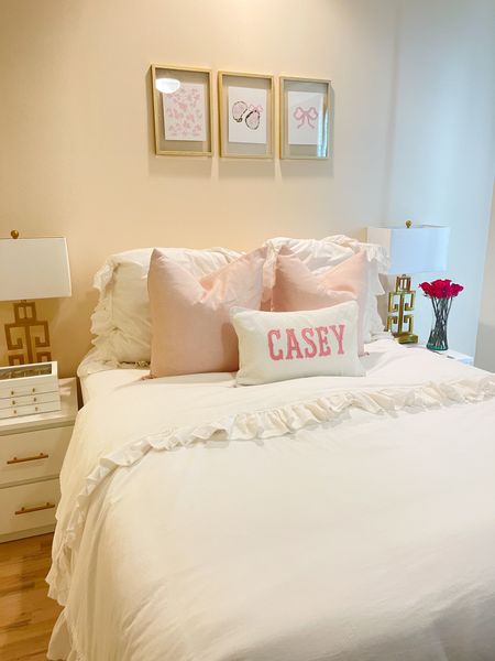 Bedroom//bedding//pottery barn teen//white and pink room//monogram pillow//pink pillows//white bedding

#LTKhome #LTKfindsunder100