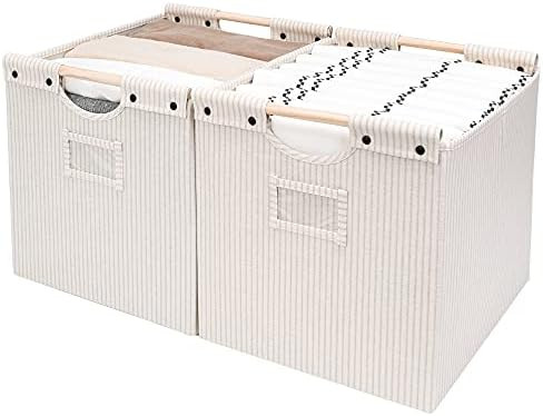 StorageWorks Closet Baskets, Decorative Storage Bins for Shelf, Collapsible Fabric Baskets with Wood | Amazon (US)