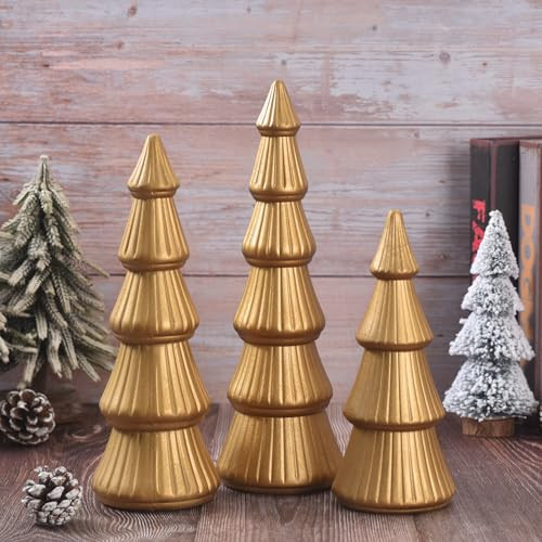 Wooden Christmas Tree, Set of 3 Tabletop Tree Figurine Wood Desk Centerpieces Table Tree Decoration Festive Ornament for Accents Xmas Mantel Shelf Home Decor Holiday Party Indoor Outdoor (Gold) | Amazon (US)