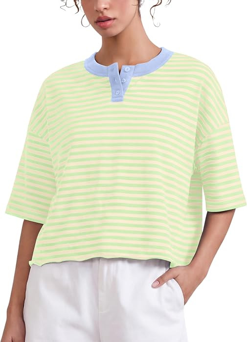 Women Striped Cropped Shirts Half Sleeve Henley Tee Shirts Roll Hem Boxy T Shirts Button Up Overs... | Amazon (US)