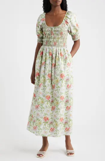 Hill House Home The Madeline Floral Smocked Puff Sleeve Cotton Maxi Dress | Nordstrom | Nordstrom