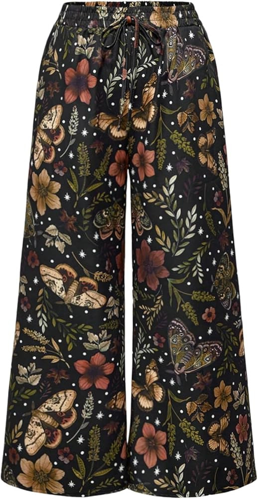 WDIRARA Women's Plus Size Butterfly Floral Print Wide Leg Pants Drawstring Waist Palazzo Pants | Amazon (US)