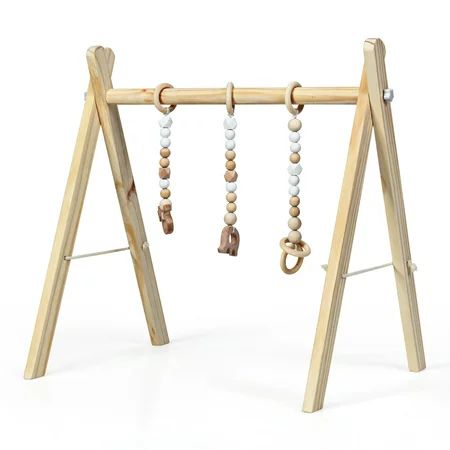 Foldable Wooden Baby Gym with 3 Wooden Baby Teething Toys Hanging Bar Natural | Walmart (US)