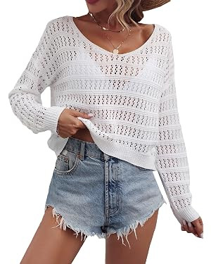 SHENHE Women's Crochet Hollow Out Drop Shoulder Beach Cover Up Scoop Neck Long Sleeve Sweater Top | Amazon (US)