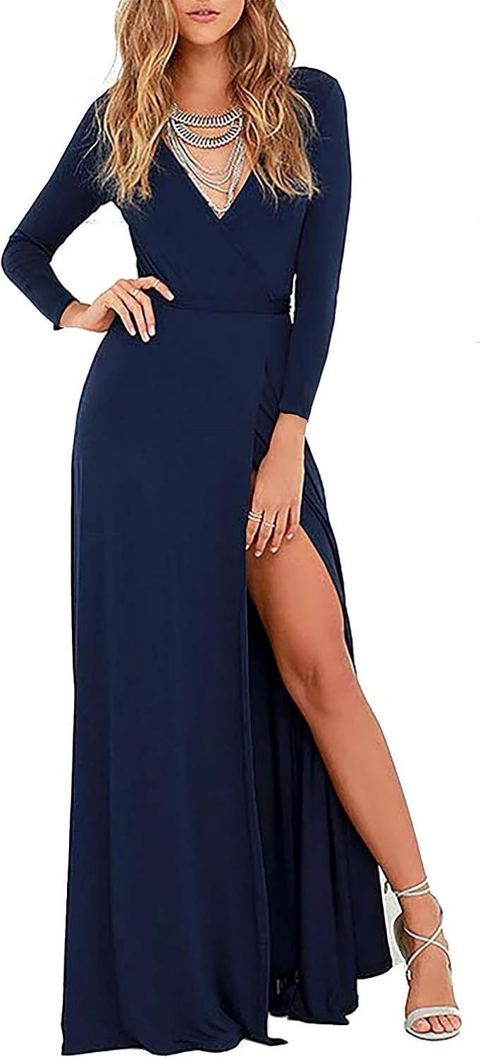Vivicastle Women's USA Sexy Long Sleeve Tulip Wrap Slit Front Full Long Maxi Dress | Amazon (US)