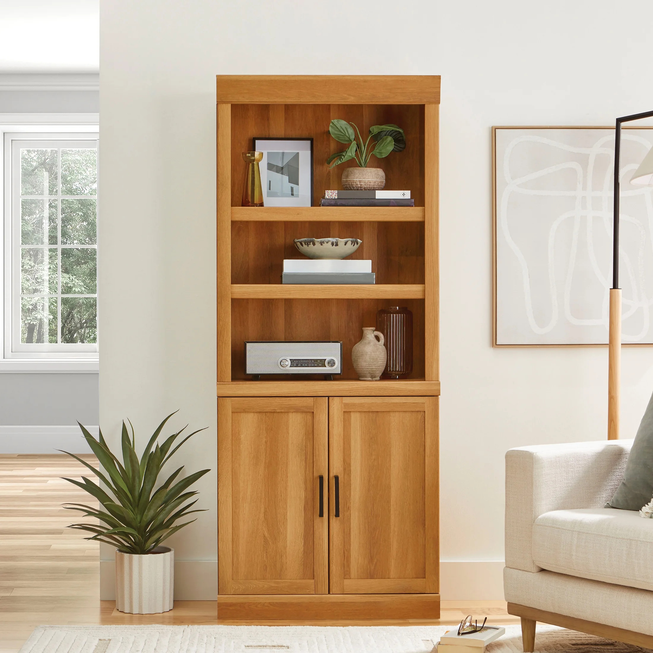 Better Homes & Gardens Glendale 5-Shelf Bookcase With Doors, Light Honey Finish | Walmart (US)