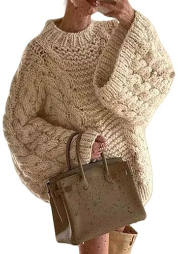 LETSVDO Women's Oversized Cable Knit Sweater Long Sleeve Crewneck Baggy Slouchy Chunky Jumper Sweaters Beige | Amazon (US)