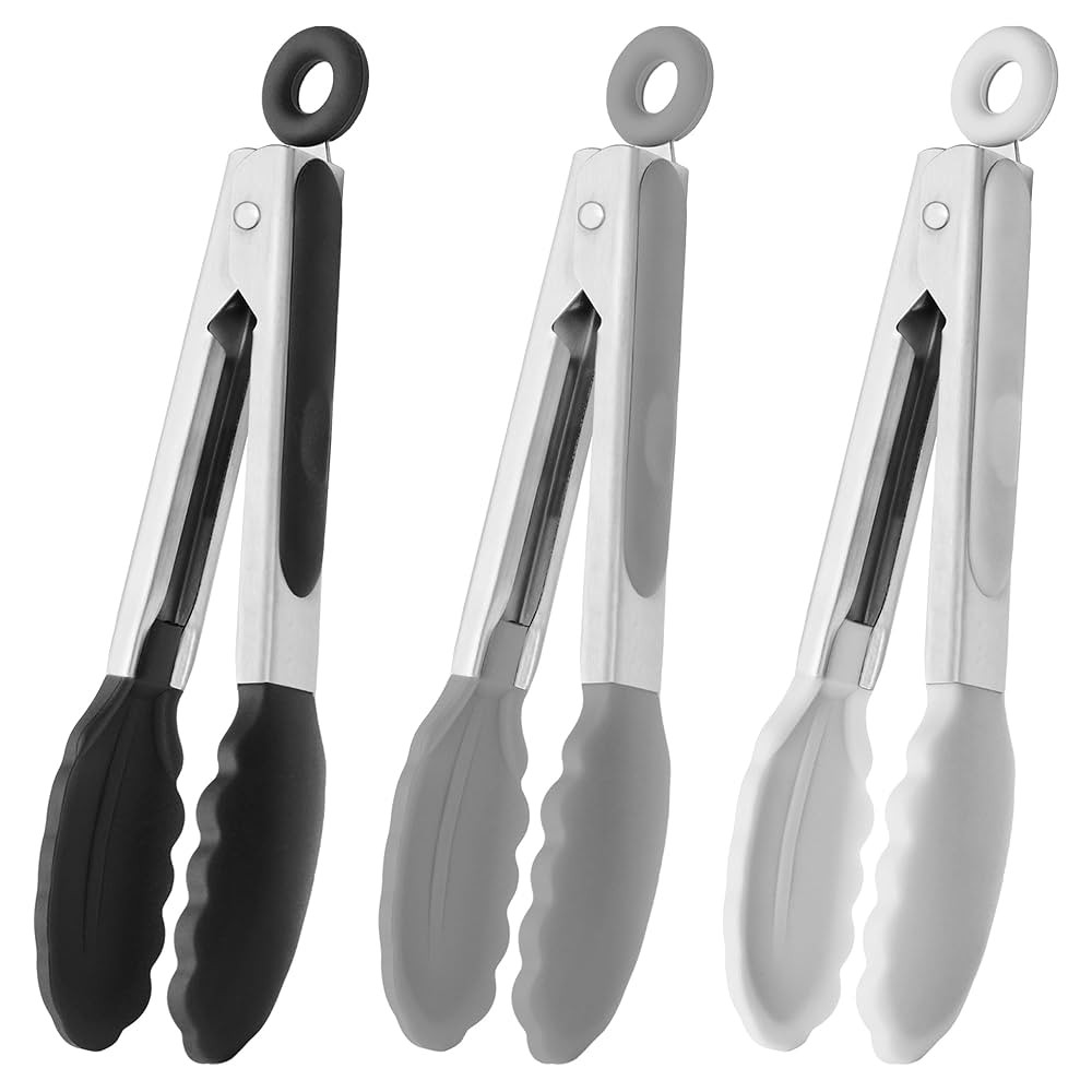 Small Silicone Tongs 7-Inch Mini Serving Tongs, Set of 3 (Black Gray White) | Amazon (US)