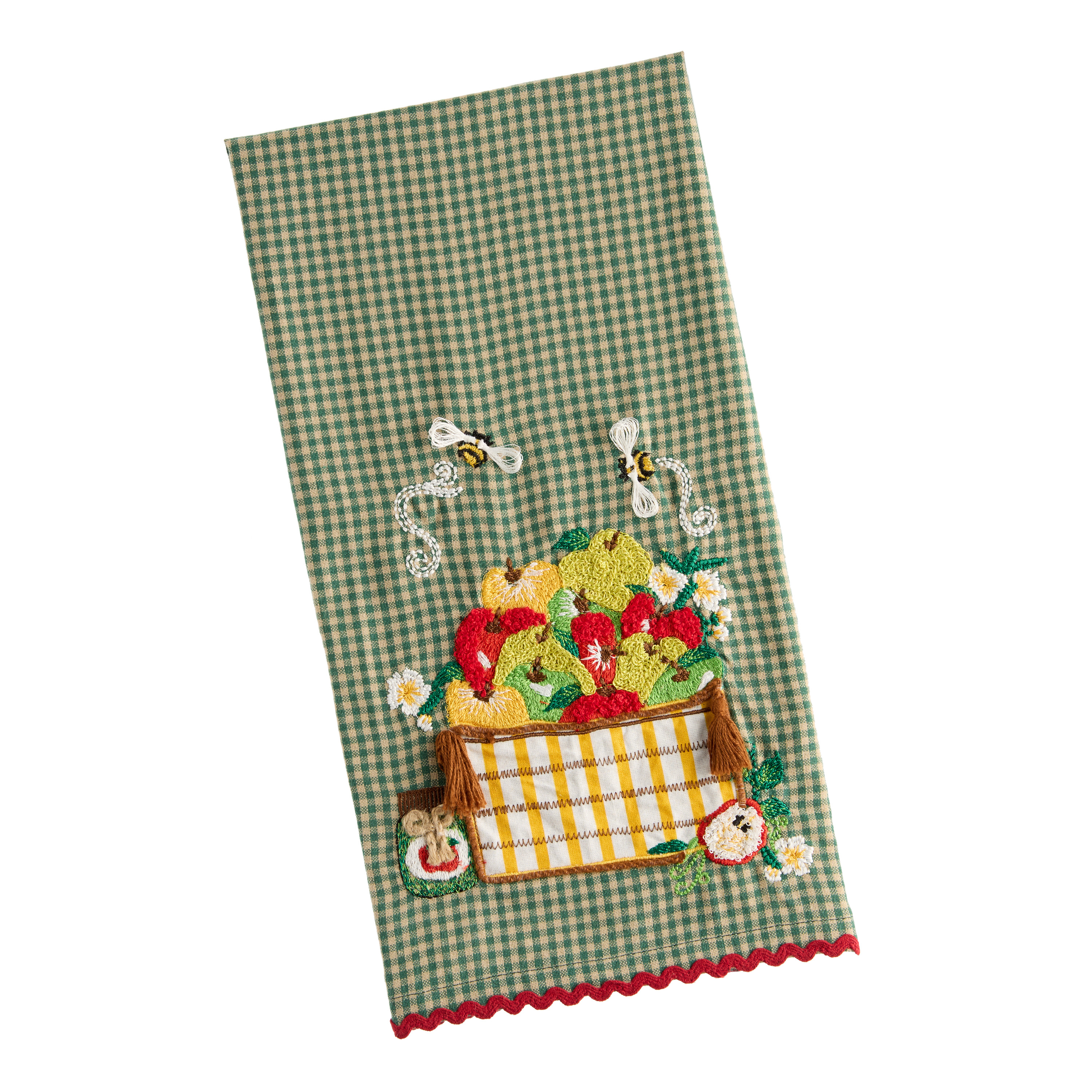 Green Gingham Apple Basket Embroidered Kitchen Towel | World Market
