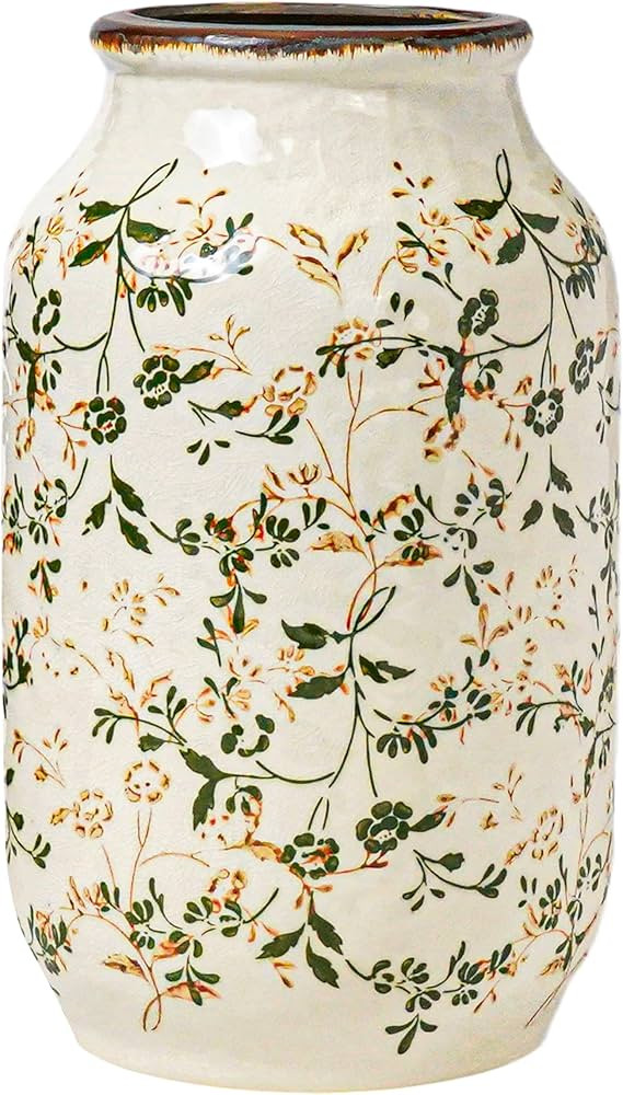 White and Green Vintage Vase, Chinoiserie Floral Vases for Flowers, Rustic Farmhouse Ceramic Vase... | Amazon (US)
