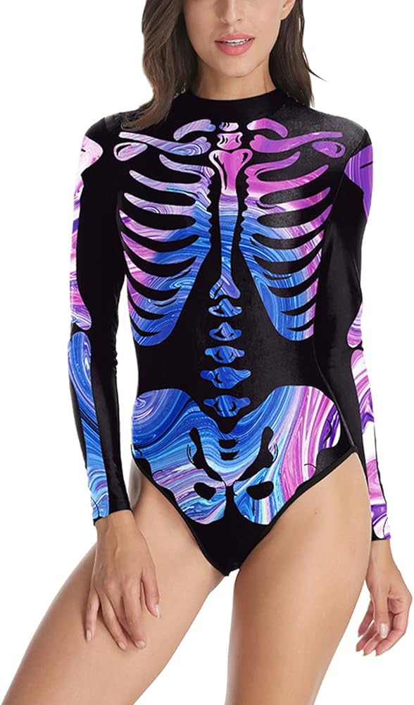 Halloween Women Digital Skeleton Tight One-piece Swimsuit with Zip-Back | Amazon (US)