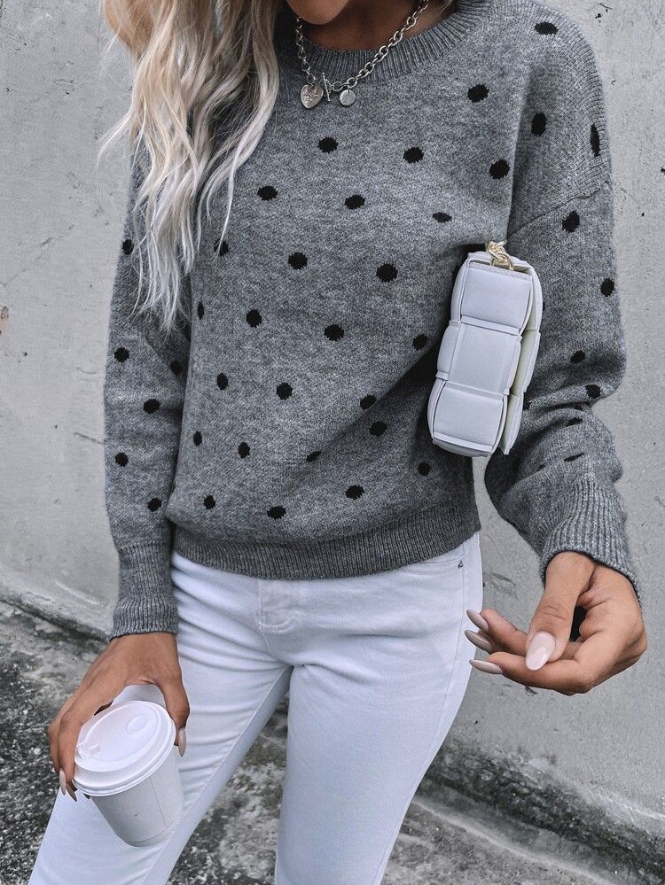 Polka Dot Drop Shoulder Sweater | SHEIN
