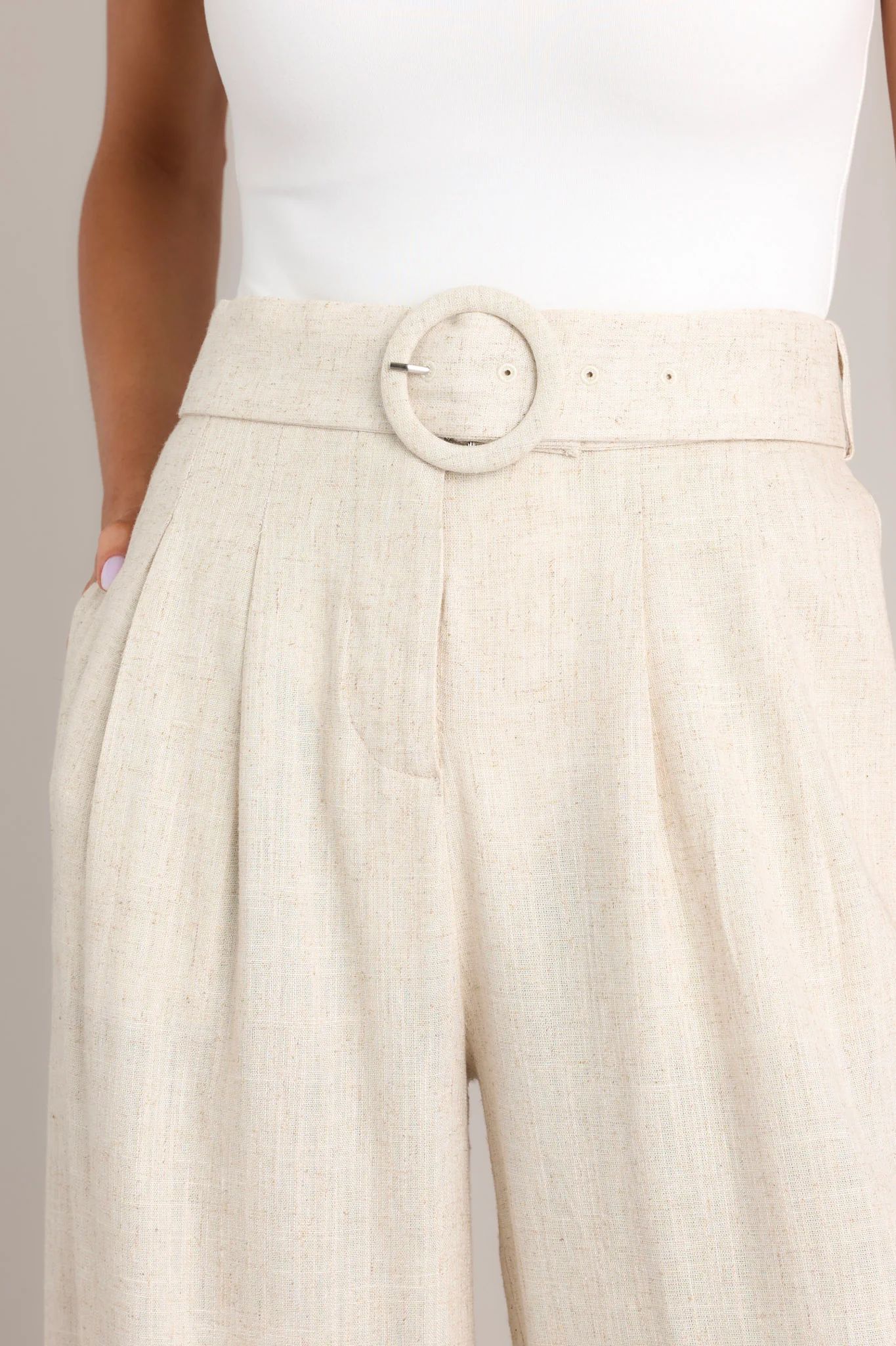 Neutral Comfort Oatmeal Belted Pants | Red Dress