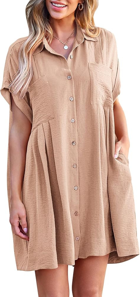 BTFBM Women's Button Down Shirt Dress 2024 Summer Short Sleeve V Neck Loose Flowy Casual Mini Bab... | Amazon (US)