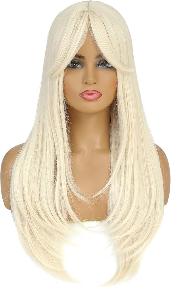 SWACC Long Layered Straight Wig with Bangs Synthetic Hair Wig for Women with Wig Cap (Platinum Bl... | Amazon (US)
