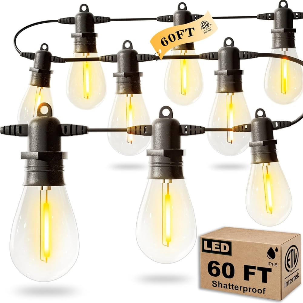 60FT LED Outdoor String Lights with 16+2 Edison Shatterproof IP65 Waterproof Bulbs, 2700K Dimmabl... | Amazon (US)