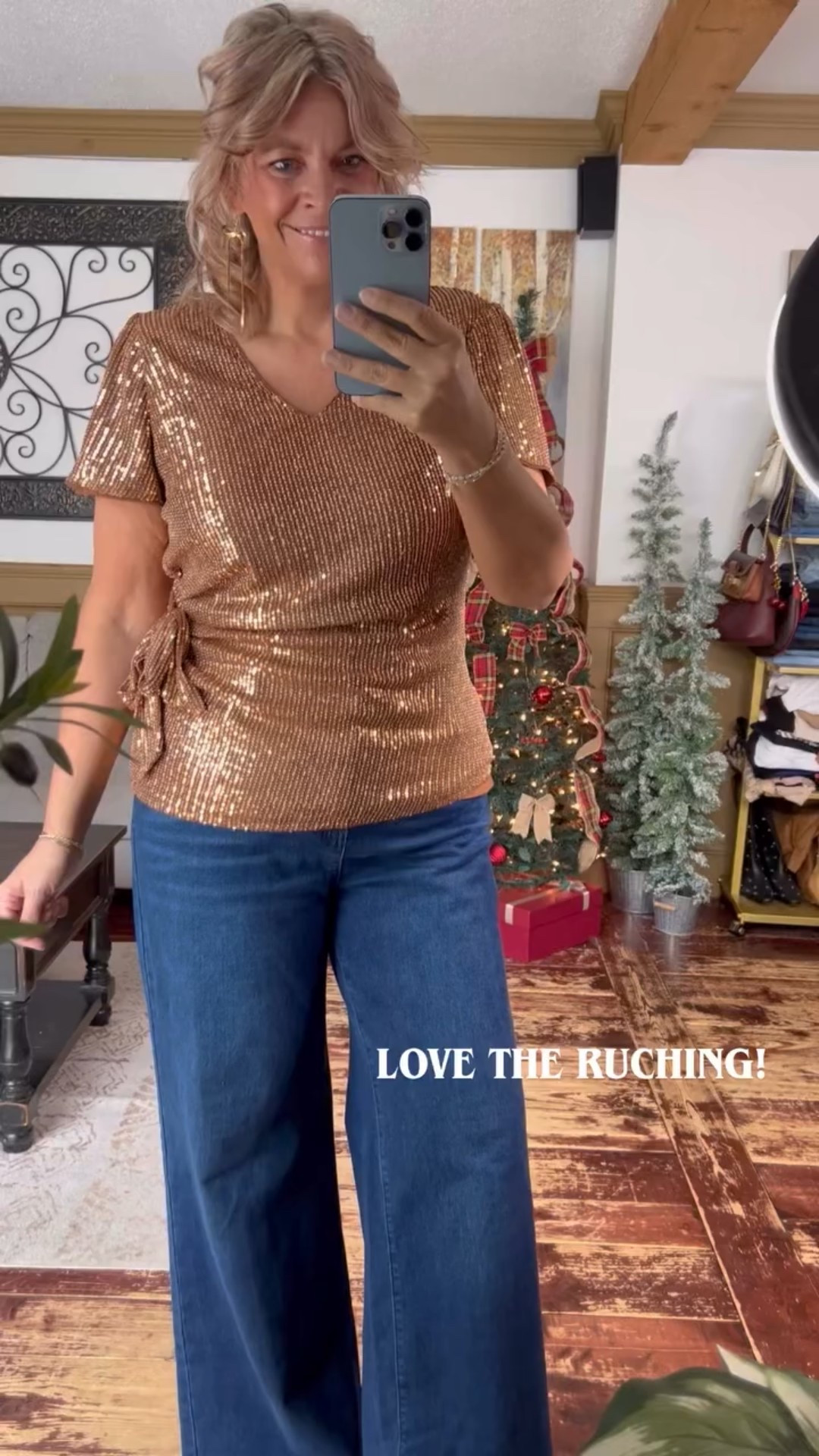 LOVE THE RUCHING on this sequin blouse- wearing size xl in the top & jeans 

#LTKFindsUnder50 #LTKSeasonal #LTKMidsize