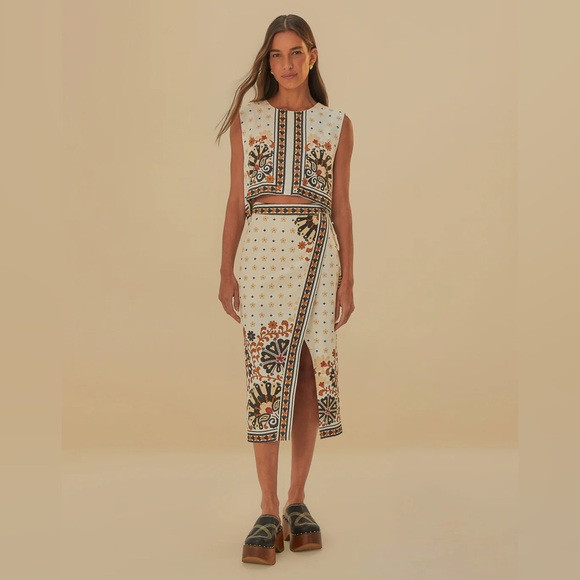 FARM RIO Flower Fan Tapestry Off-White Wrap Midi Skirt | Poshmark