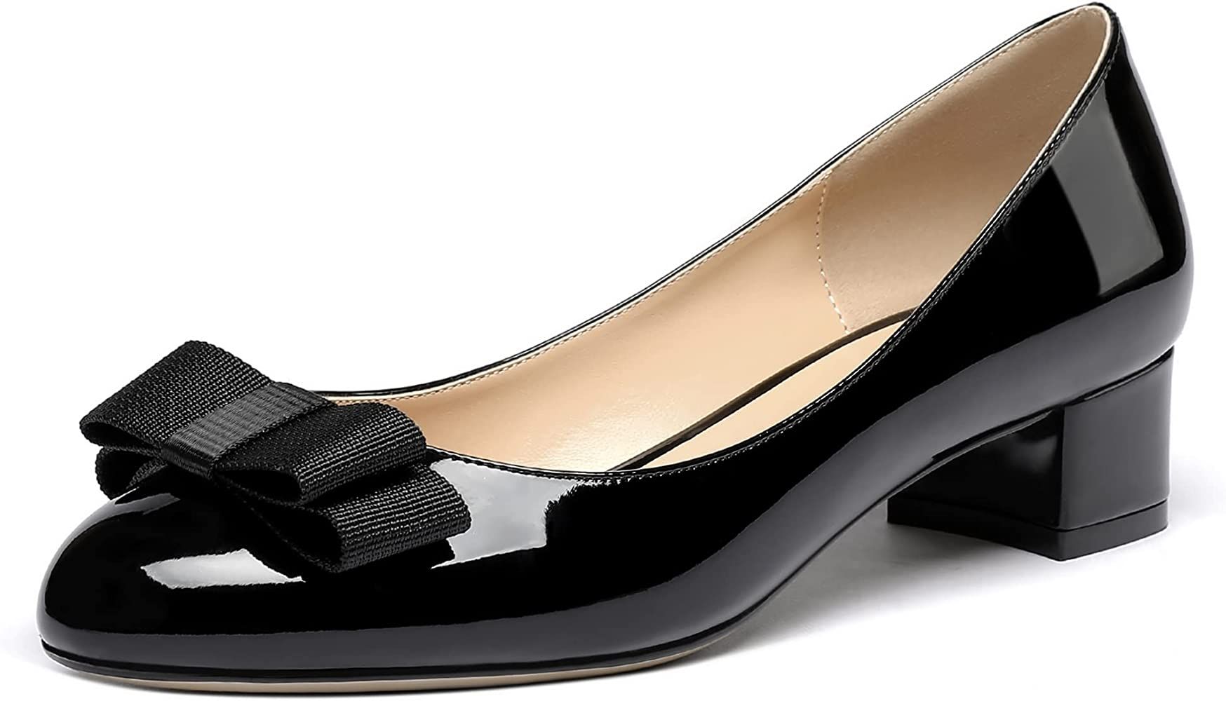 WAYDERNS Women's Patent Leather Bow Slip On Round Toe Chunky Low Heel Pumps Shoes 1.5 Inch | Amazon (US)