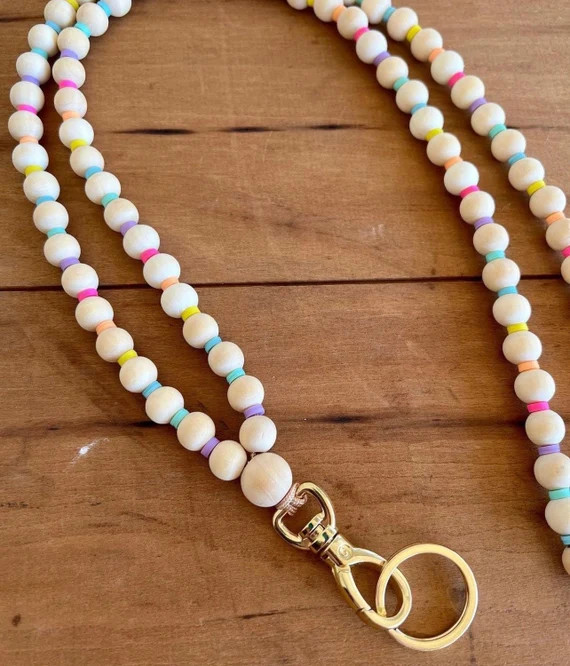 Pastel Rainbow Heishi Beaded Lanyard With Gold Hardware - Etsy | Etsy (US)