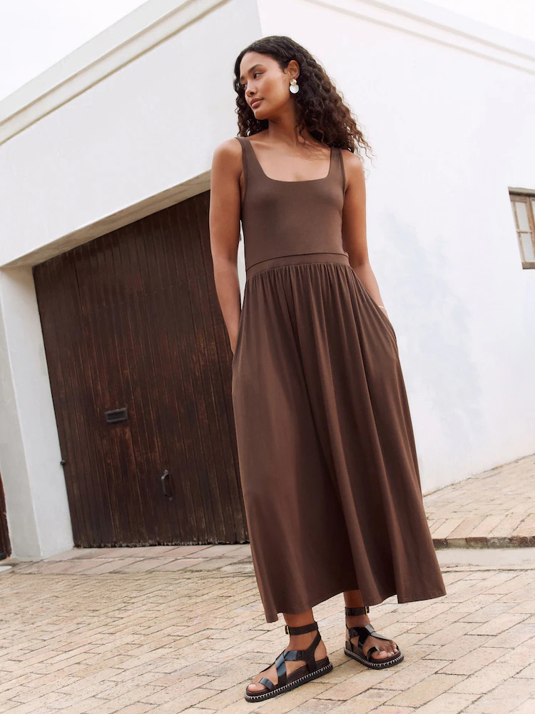 Chocolate Brown Jersey Waisted Summer Dress | Next EU