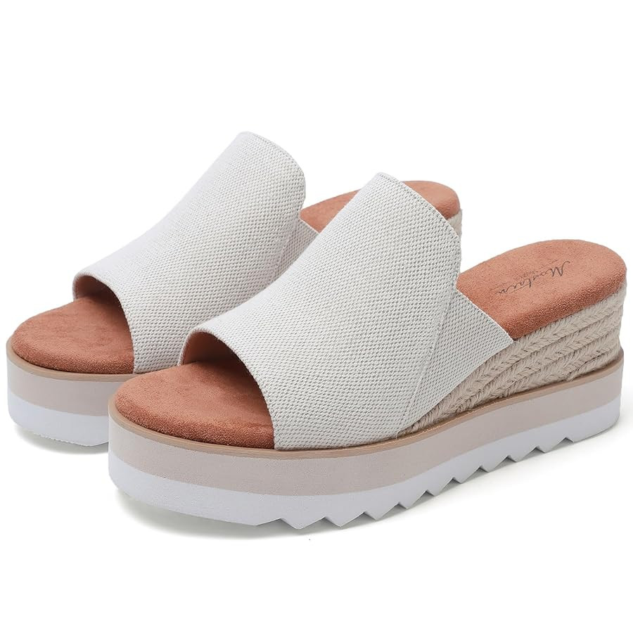 Platform Sandals Raffia Wedge Mules for Women Round Open Toe Slip On Sandals Espadrilles Womens S... | Amazon (US)