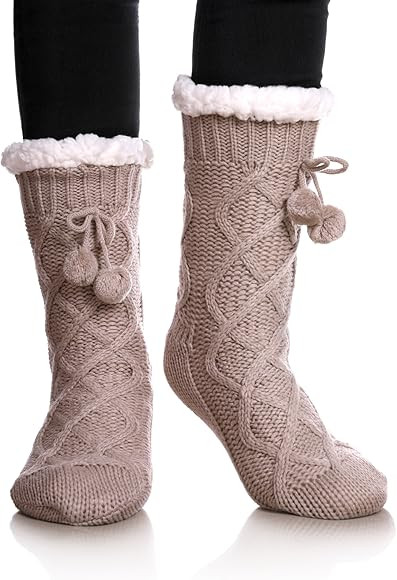 Women's Diamond Cable Knit Super Soft Warm Cozy Fuzzy Fleece-lined Winter Slipper Socks | Amazon (US)