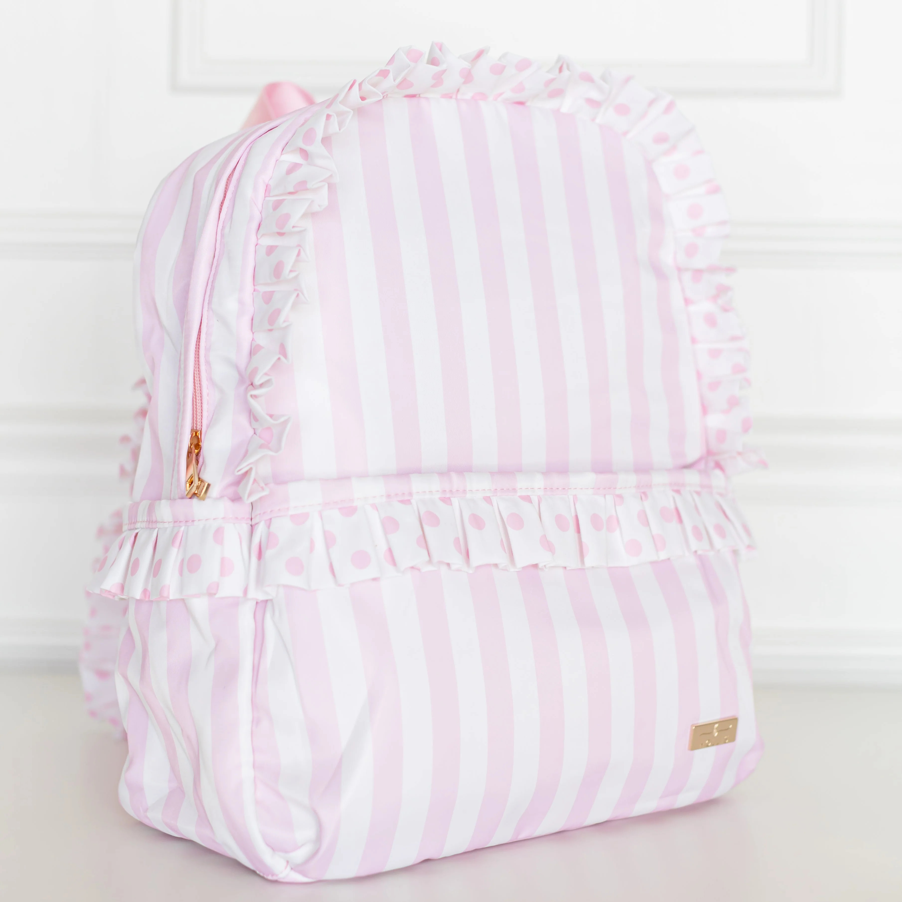 Pink Polka Stripe Ruffled Nylon Backpack | Hollis