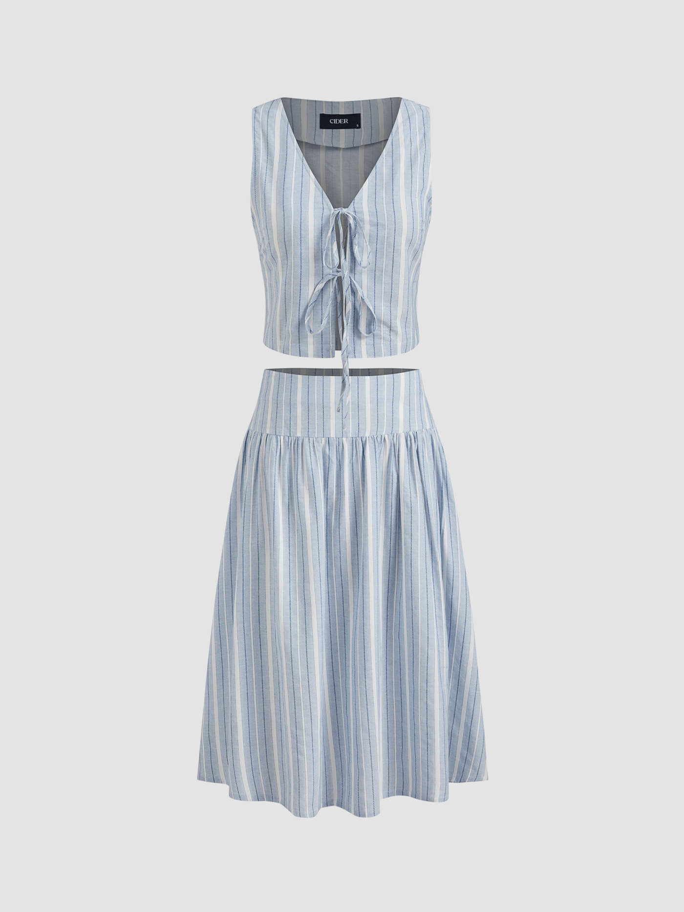 100% Cotton V-neck Striped Tie Front Crop Vest & Mid Rise Striped Ruffle Midi Skirt | Cider